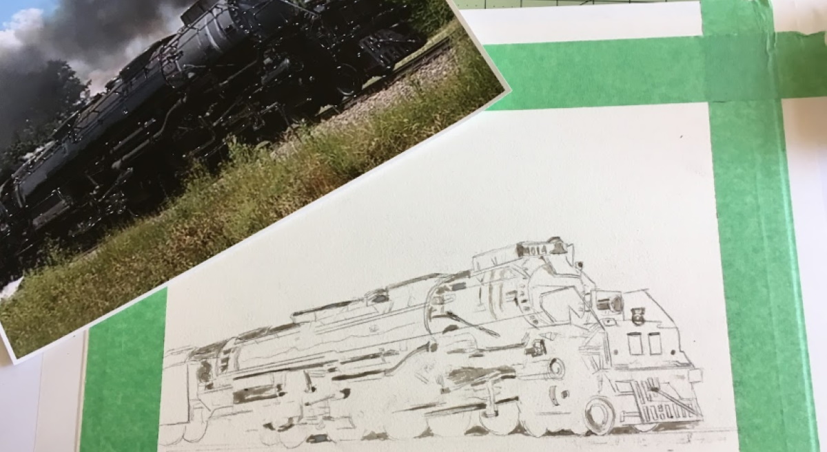 Sketch of the Big Boy Steam Locomotive on Watercolor paper