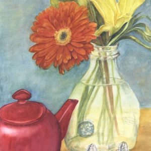 gerbera daisy and teapot