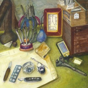 Watercolor painting of a desk with jeweler tools and storage