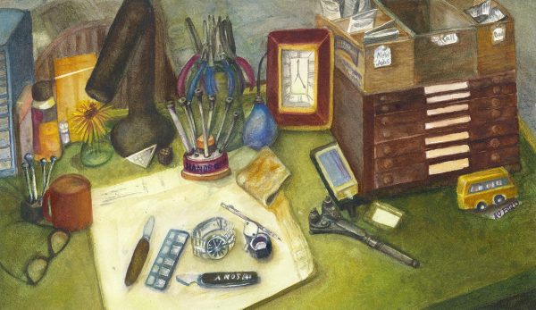 Watercolor painting of a desk with jeweler tools and storage