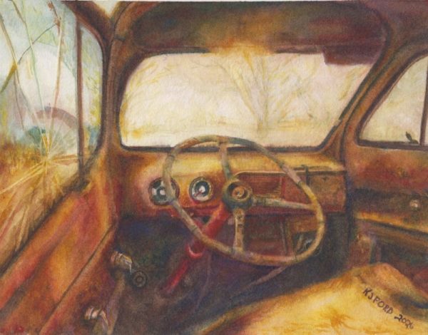 © Katherine J. Ford, Rust In Place, Watercolor, 11 x 14 inchesRusting 53 Ford F3 truck with a cracked window.