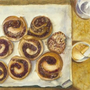 An original watercolor painting of a tray of cinnamon buns ready for icing.