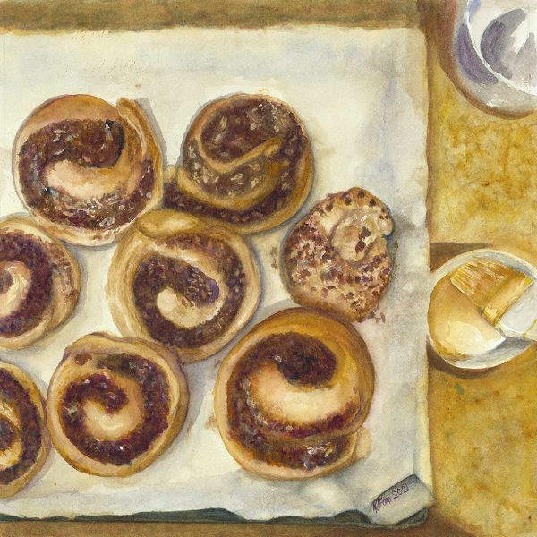 An original watercolor painting of a tray of cinnamon buns ready for icing.