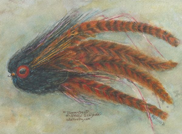 Orange and black slippery devil musky fly watercolor painting