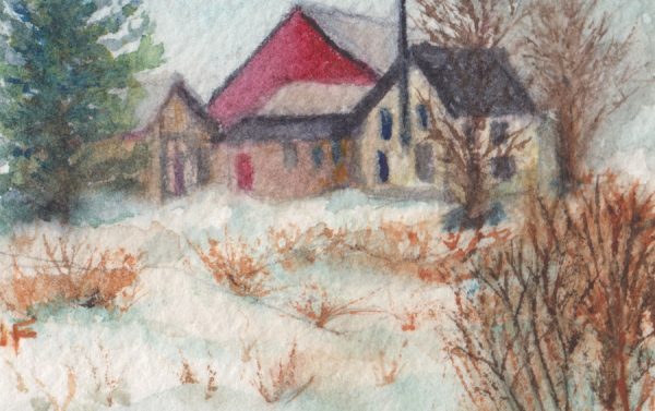 A tiny original watercolor painting of a winter farm with red barn