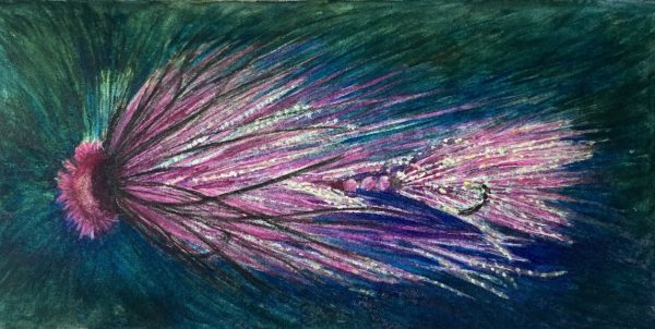 Pink and Black Watercolor painting of a Musky Fly