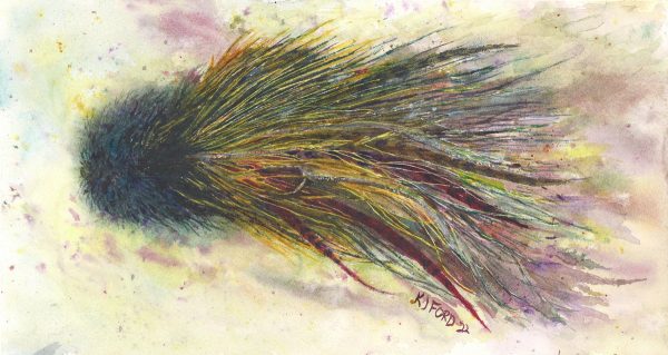 An original watercolor painting of a musky fly with a black front and yellow and purple fibers.