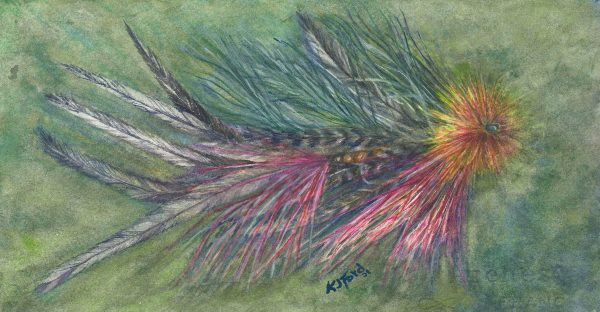 Original watercolor painting of a purple and yellow musky fly with feathers.