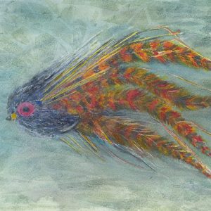 An image of a watercolor painting of a musky fly with a watery background.