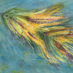 An original watercolor painting of an orange and green musky fly.