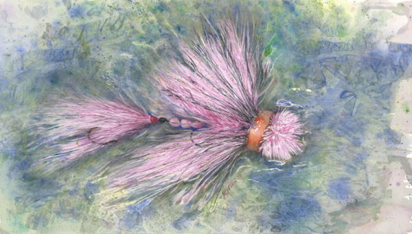 A watercolor painting of a pink musky fly.
