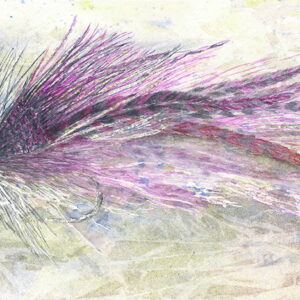 An original watercolor painting of a Buford style purple musky fly with a watery background.