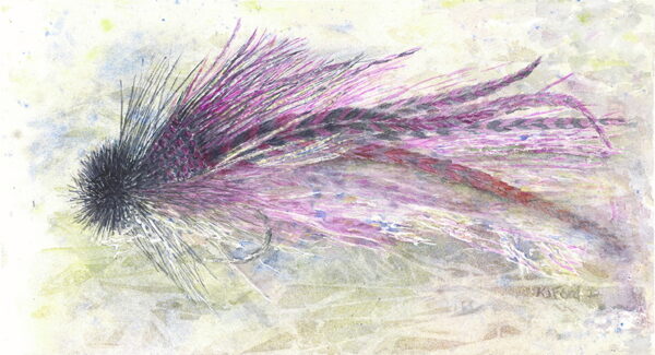 An original watercolor painting of a Buford style purple musky fly with a watery background.