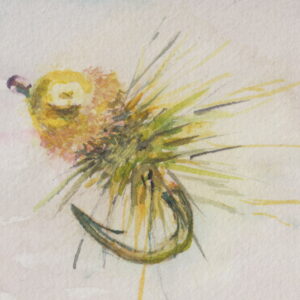 Pink Squirrel tiny original watercolor of a fishing fly.