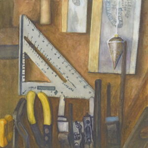 An original watercolor painting of tools including a Swanson square and plumb bob