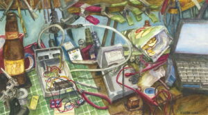 An object portrait watercolor painting of a technical creative workbench with wires, computer, beer and chips.
