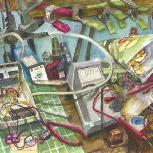 An object portrait watercolor painting of a technical creative workbench with wires, computer, beer and chips.