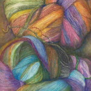 A reproduction of a watercolor painting of color yarn