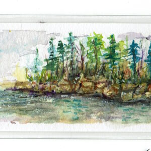A quiet moment captured in watercolor—this original bookmark painting, Still Point, evokes the hush of a wooded shoreline reflected in calm water. A peaceful companion for your next read.
