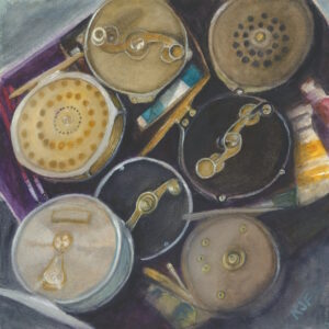 Watercolor painting of vintage fly fishing reels arranged in a circular composition, highlighting metallic textures and classic angling craftsmanship.