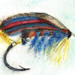 Blue and yellow Spring Blue Salmon Fly watercolor