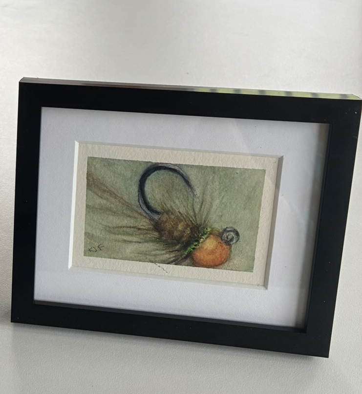 Framed painting of a orange beaded nymph