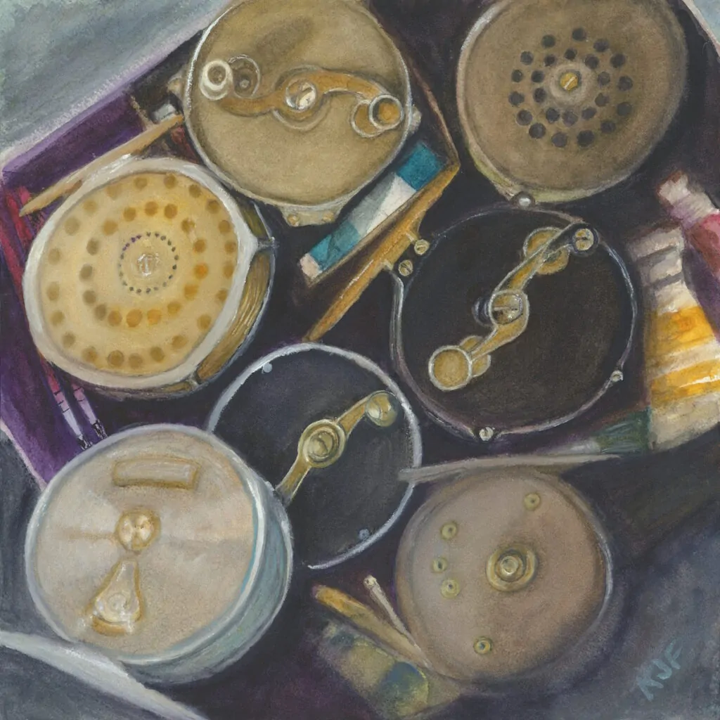 Watercolor painting of vintage fly fishing reels arranged in a circular composition, highlighting metallic textures and classic angling craftsmanship.